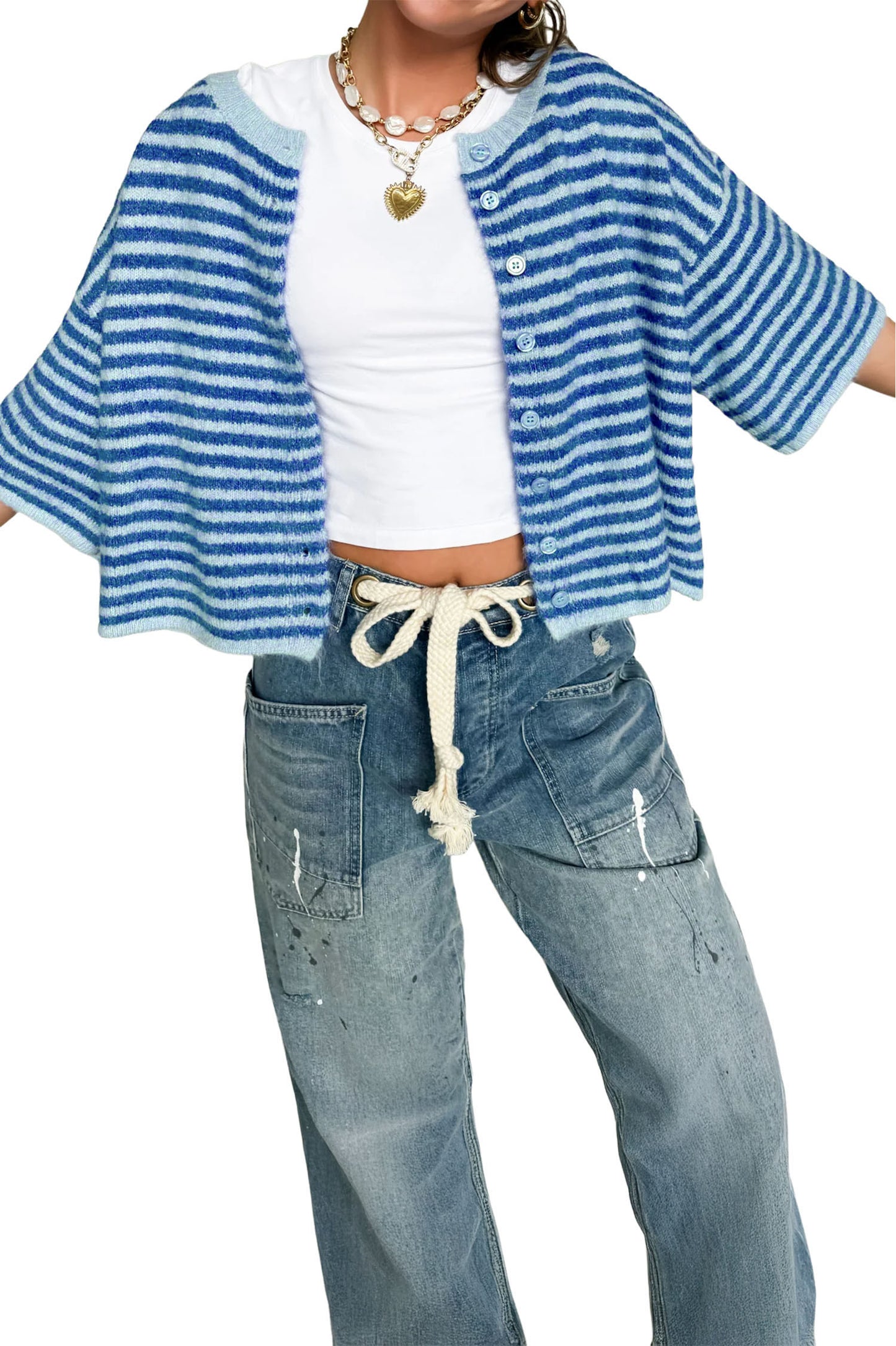 Blue Stripe Loose Half Sleeve Knit Button Down Sweater Cardigan-Sweaters & Cardigans/Cardigans-[Adult]-[Female]-2022 Online Blue Zone Planet