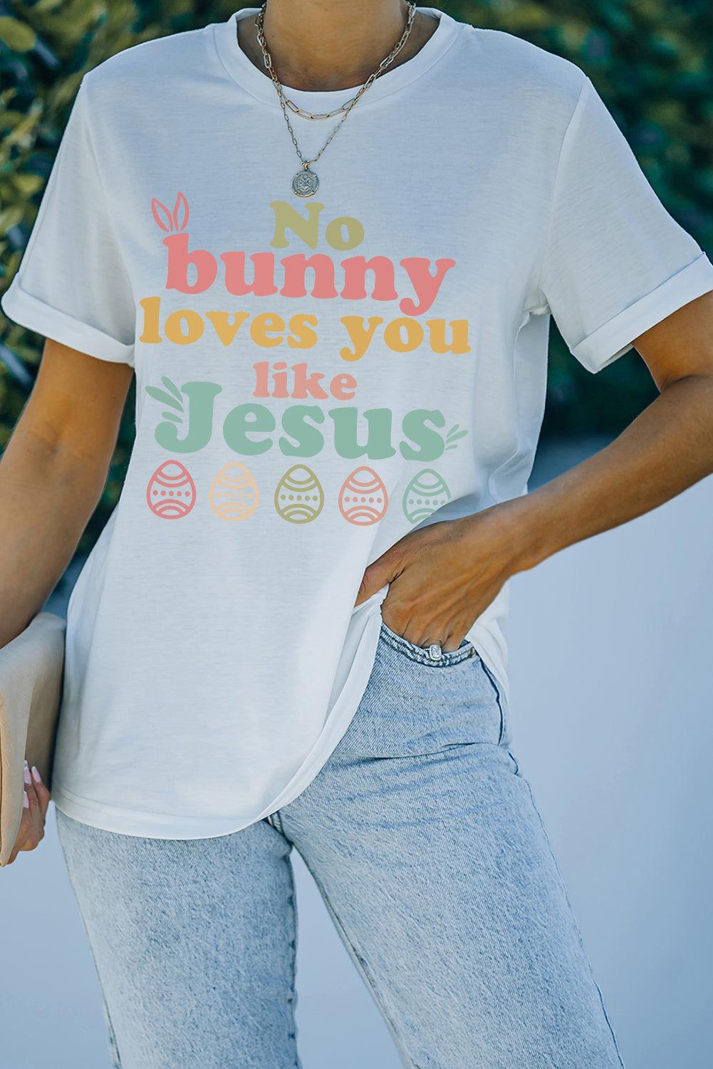 White No bunny loves you like Jesus Graphic Easter Day T-shirt-Graphic/Graphic Tees-[Adult]-[Female]-2022 Online Blue Zone Planet