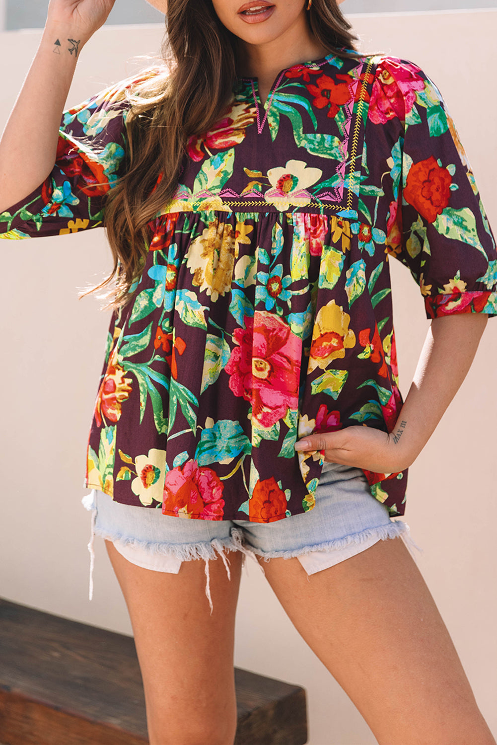 Greyish Purple Rose Flower Embroidered Trim Half Sleeve Blouse-Tops/Blouses & Shirts-[Adult]-[Female]-2022 Online Blue Zone Planet