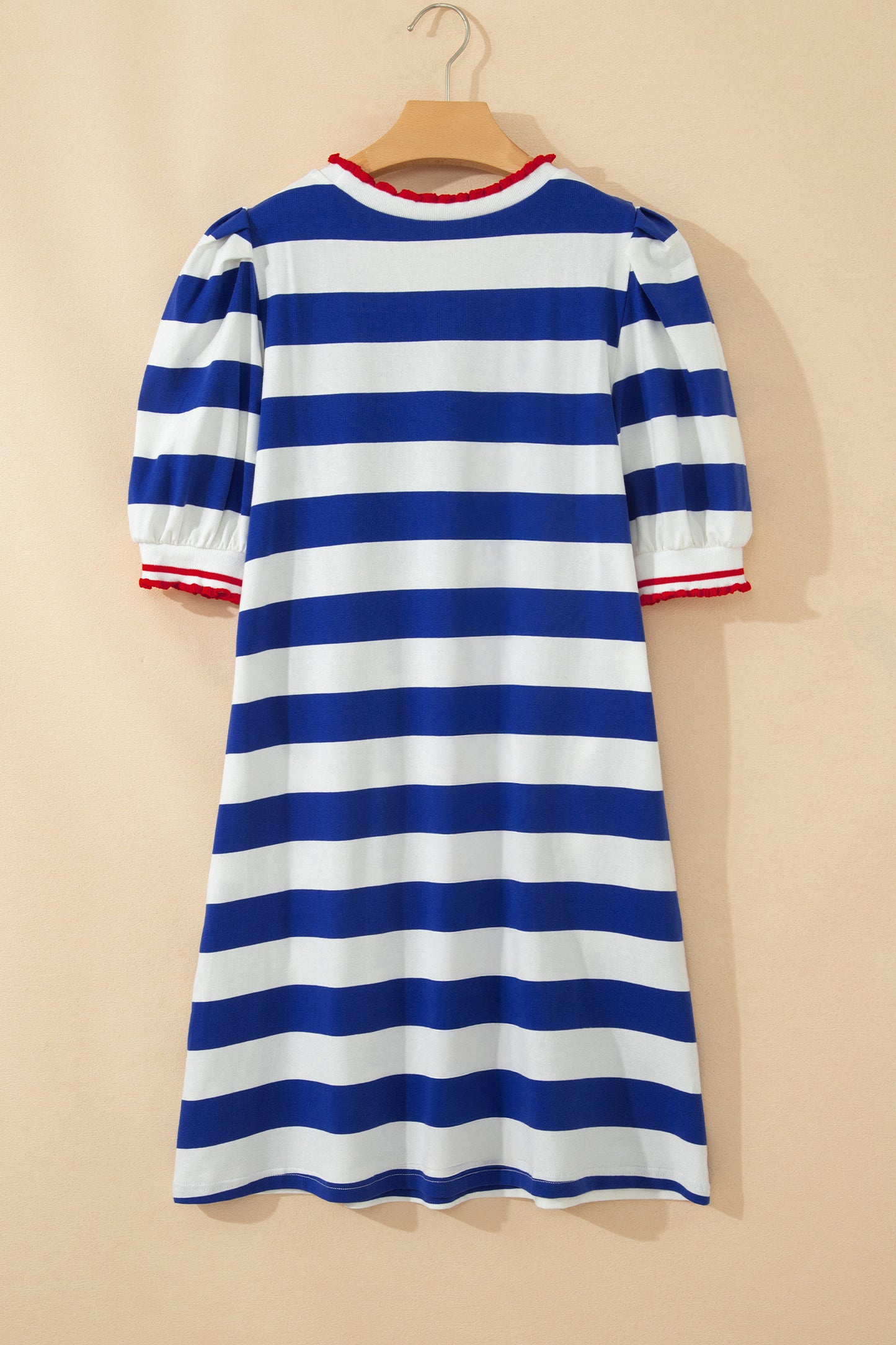 Blue Stripe Contrast Trim Round Neck Short Puff Sleeve Shift Mini Dress-TOPS / DRESSES-[Adult]-[Female]-2022 Online Blue Zone Planet