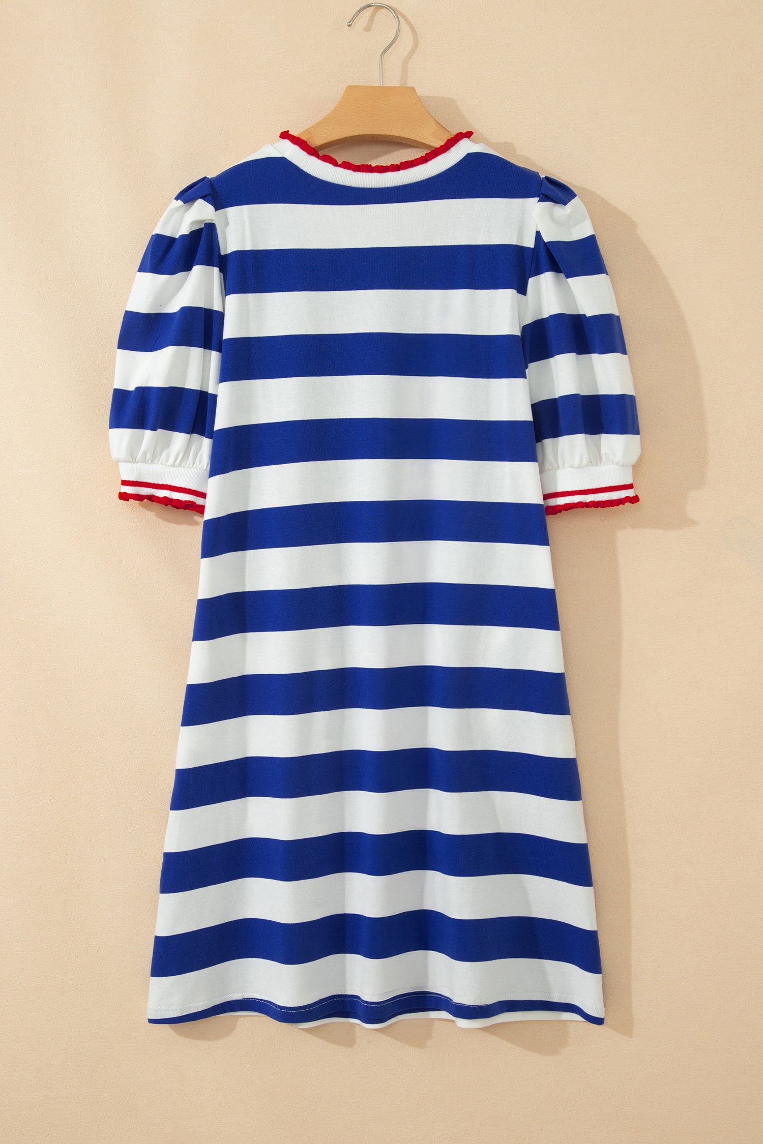 Blue Stripe Contrast Trim Round Neck Short Puff Sleeve Shift Mini Dress-TOPS / DRESSES-[Adult]-[Female]-2022 Online Blue Zone Planet