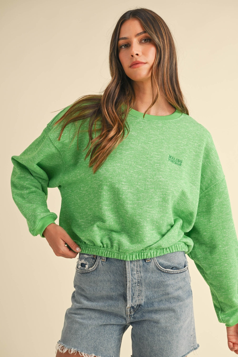 Mable Round Neck Letter Embroidery Crop Sweatshirt-TOPS / DRESSES-[Adult]-[Female]-Apple Green-S-2022 Online Blue Zone Planet