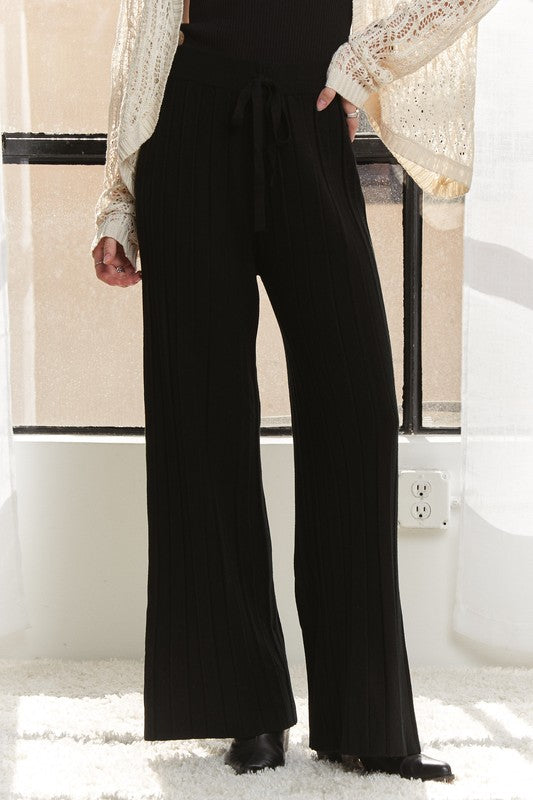 ADORA Tied Wide Leg Knit Pants-BOTTOM SIZES SMALL MEDIUM LARGE-[Adult]-[Female]-Black-S-2022 Online Blue Zone Planet