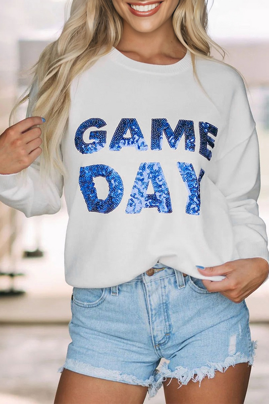 White Sequined Game Day Graphic Round Neck Sweater-TOPS / DRESSES-[Adult]-[Female]-2022 Online Blue Zone Planet