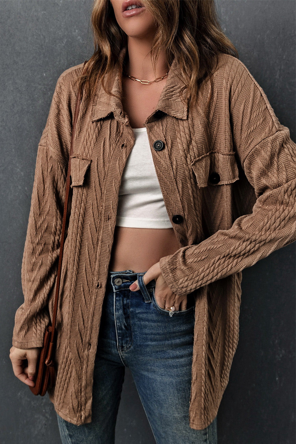 Khaki Oversize Textured Knit Button Front Shacket-Outerwear/Jackets-[Adult]-[Female]-2022 Online Blue Zone Planet