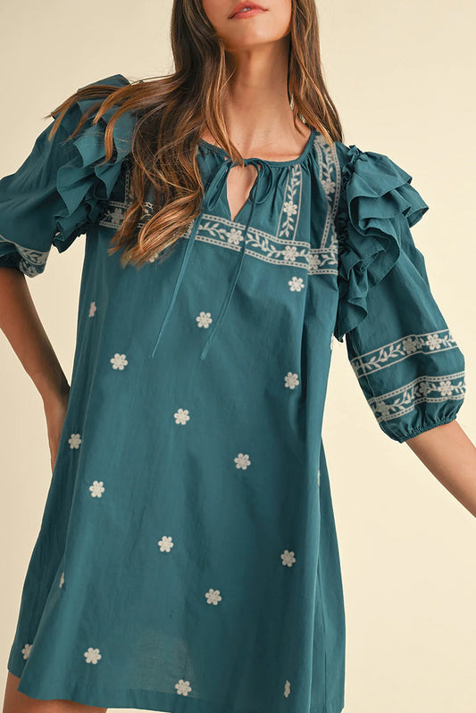 Skobeloff Boho Floral Ruffle Puff Sleeve Lace-up V Neck Mini Dress-TOPS / DRESSES-[Adult]-[Female]-Skobeloff-S-2022 Online Blue Zone Planet