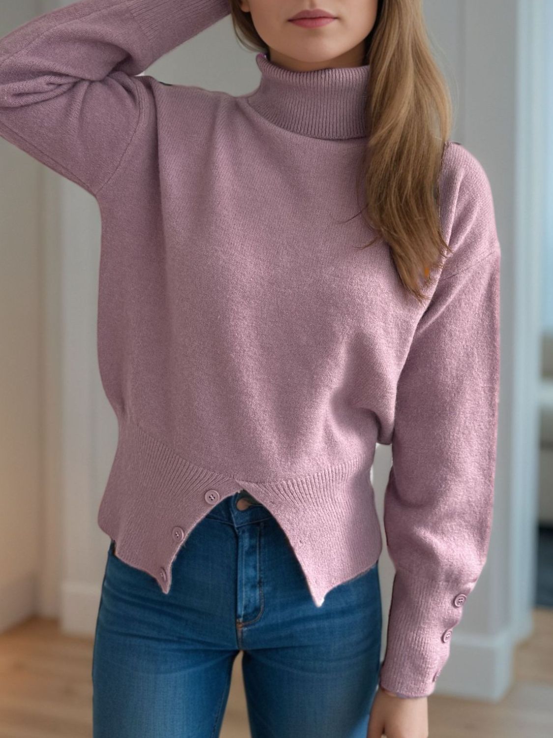 Blue Zone Planet | Front Slit Decorative Button Turtleneck Sweater-TOPS / DRESSES-[Adult]-[Female]-Pink Purple-One Size-2022 Online Blue Zone Planet