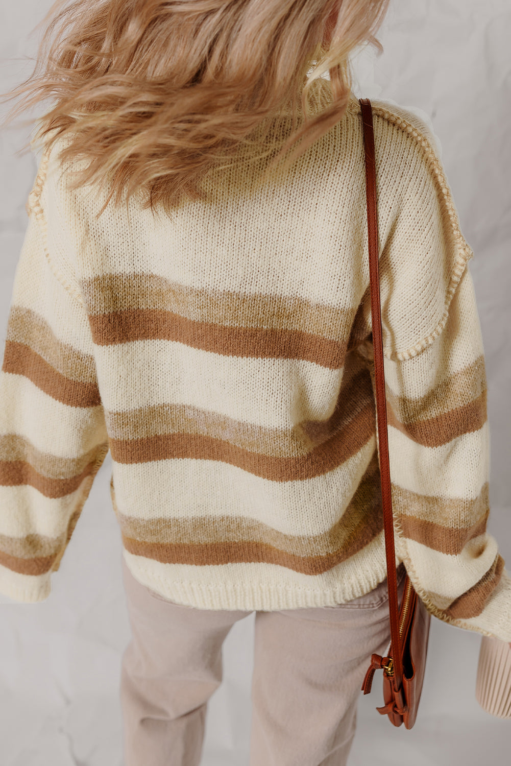 Khaki Stripe Exposed Seam Drop Shoulder Knit Baggy Sweater-TOPS / DRESSES-[Adult]-[Female]-2022 Online Blue Zone Planet