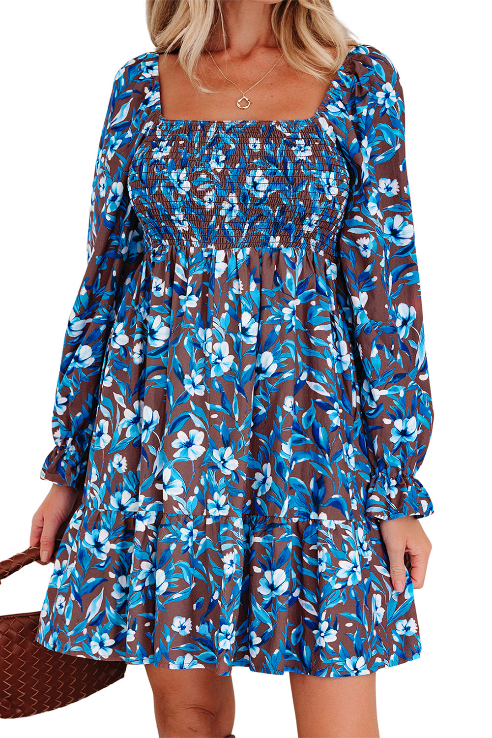 Blue Smocked Bodice High Waist Ruffled Sleeve Floral Dress-TOPS / DRESSES-[Adult]-[Female]-2022 Online Blue Zone Planet