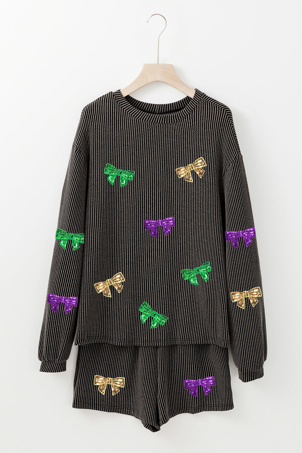 Carbon Grey Bowknot Patched Pattern Corded Long Sleeve Top and Shorts Outfit-Graphic/Graphic Sets-[Adult]-[Female]-2022 Online Blue Zone Planet