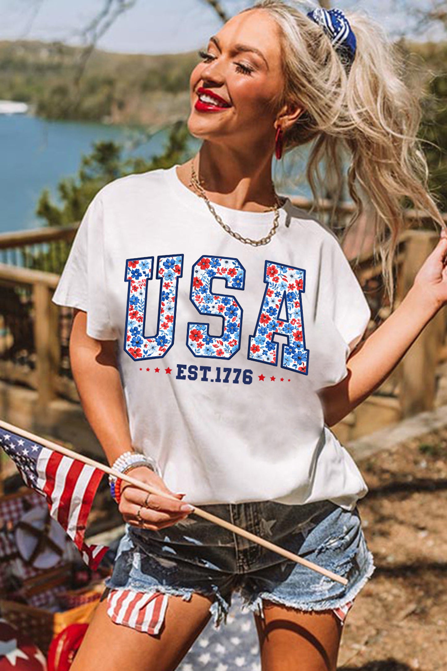 White USA Floral Print EST 1776 Patriotic Graphic Tee-Graphic/Graphic Tees-[Adult]-[Female]-2022 Online Blue Zone Planet