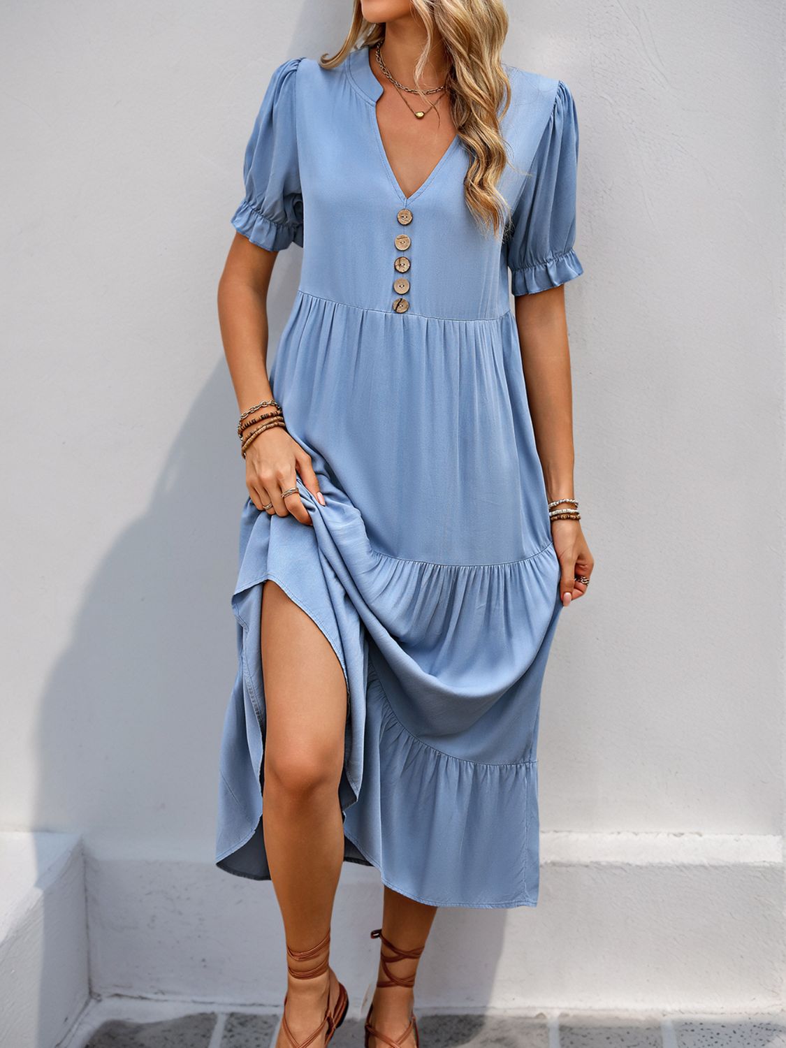 Perfee Decorative Button Notched Short Sleeve Midi Dress-TOPS / DRESSES-[Adult]-[Female]-2022 Online Blue Zone Planet