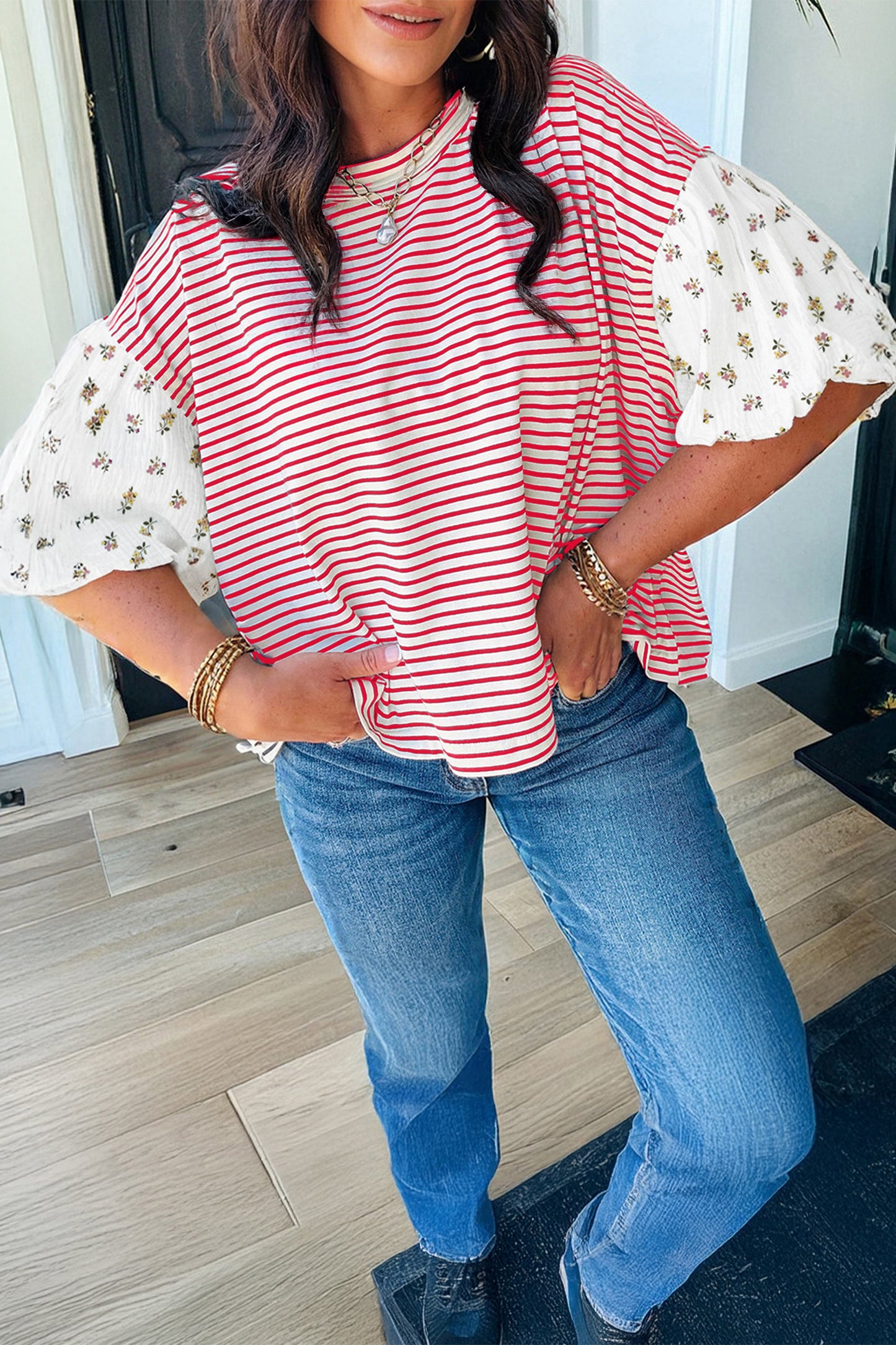 Red Stripe Floral Puff Sleeve Patchwork Round Neck Loose Top-Tops/Blouses & Shirts-[Adult]-[Female]-2022 Online Blue Zone Planet