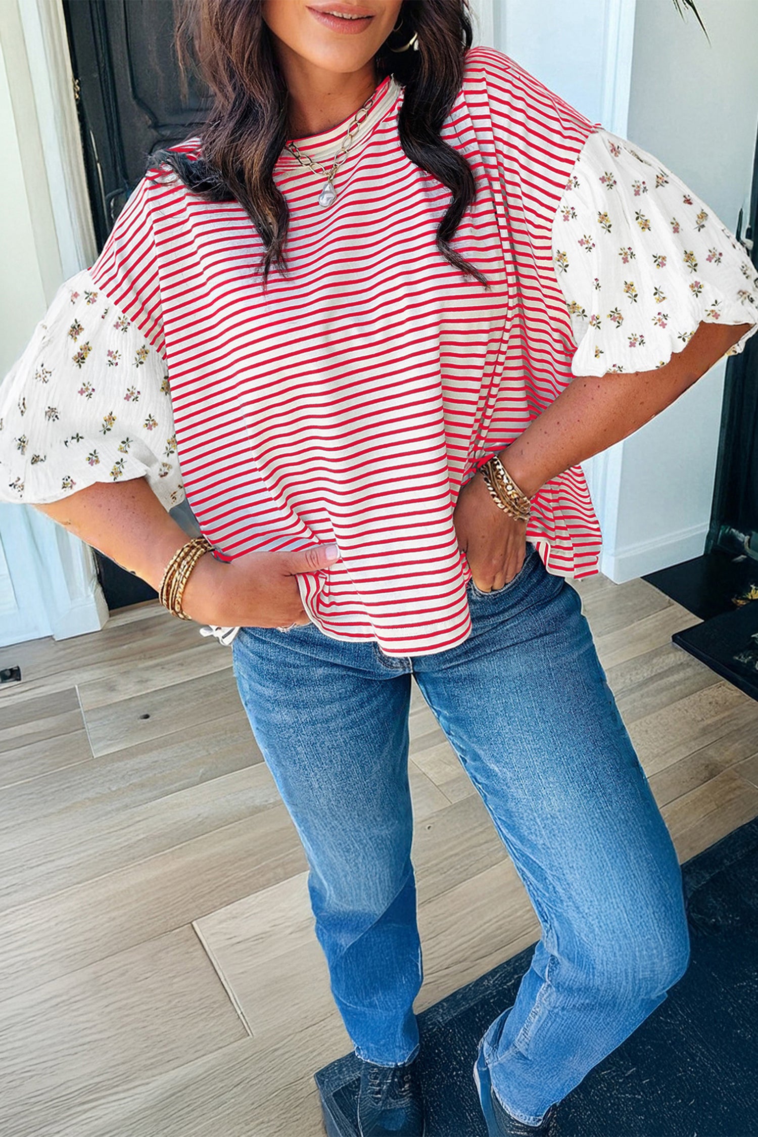 Red Stripe Floral Puff Sleeve Patchwork Round Neck Loose Top-Tops/Blouses & Shirts-[Adult]-[Female]-2022 Online Blue Zone Planet
