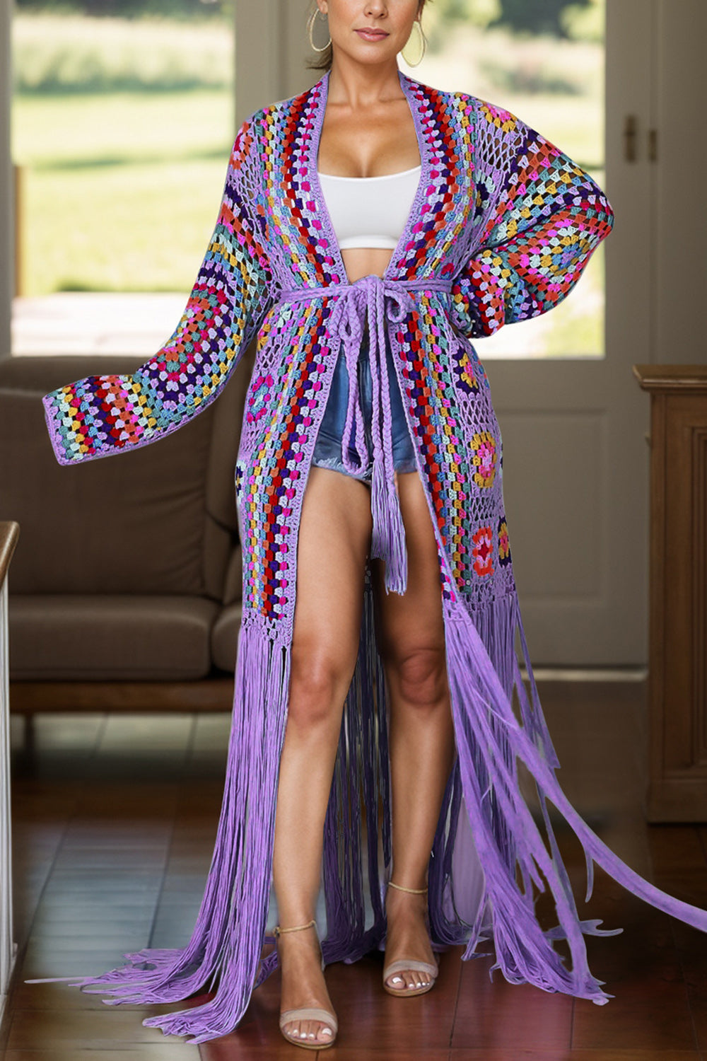 Fringe Tied Long Sleeve Cardigan-TOPS / DRESSES-[Adult]-[Female]-Lilac-M-2022 Online Blue Zone Planet