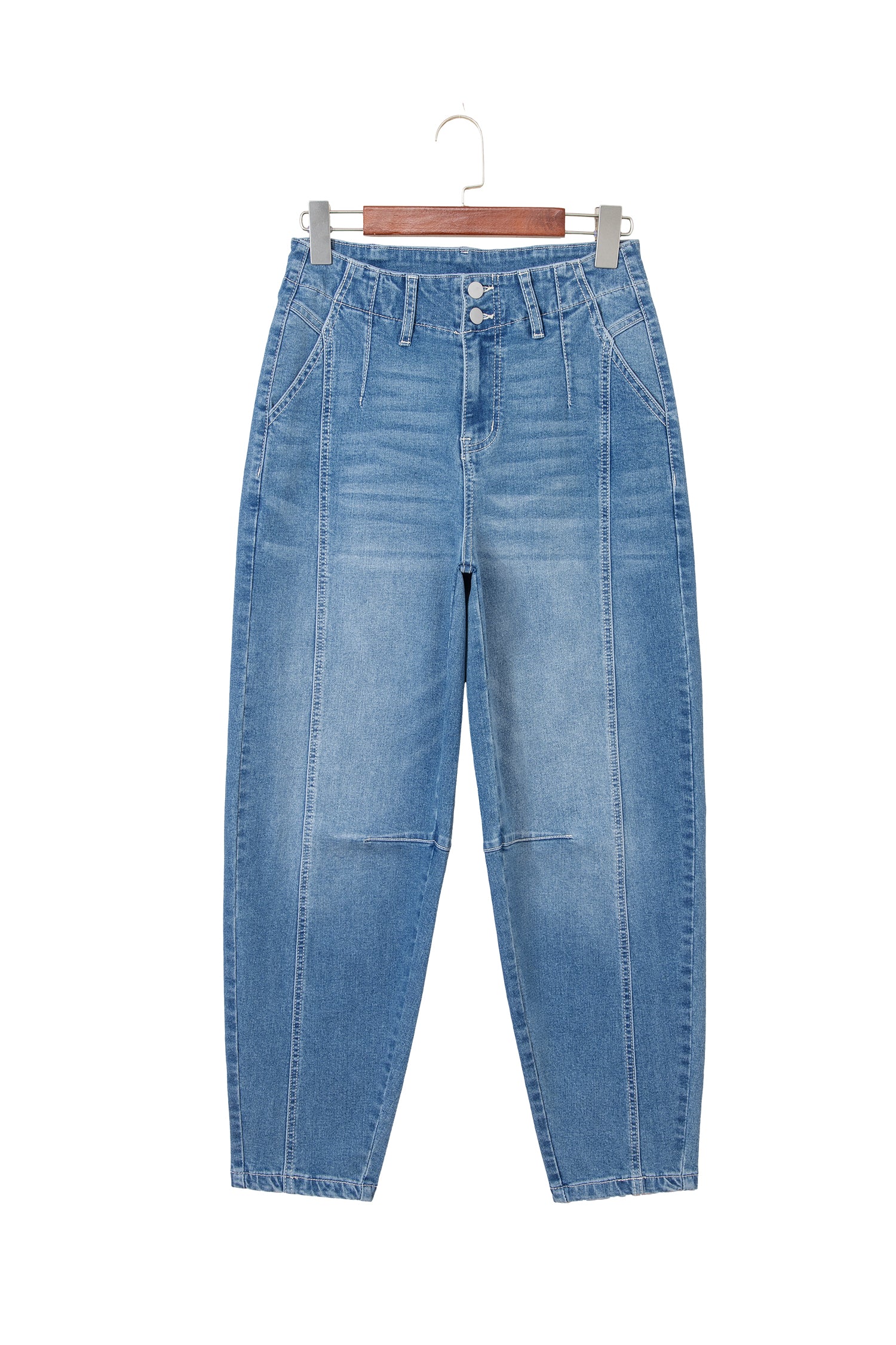 Sky Blue Medium Wash Cuffed Barrel Jeans-TOPS / DRESSES-[Adult]-[Female]-2022 Online Blue Zone Planet
