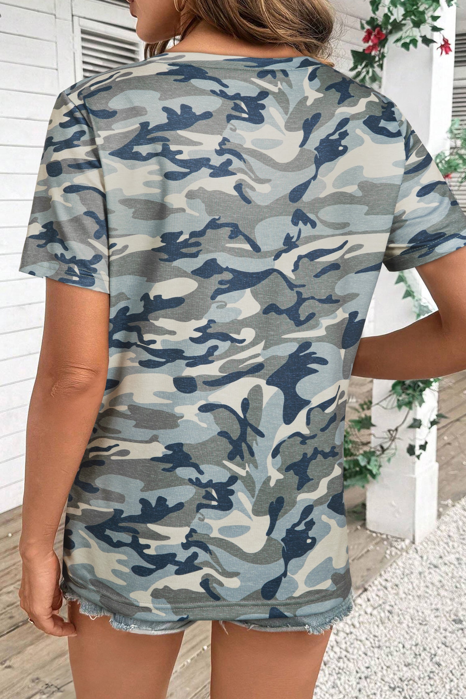 Green Camouflage Print Crew Neck T Shirt-Tops/Tops & Tees-[Adult]-[Female]-2022 Online Blue Zone Planet