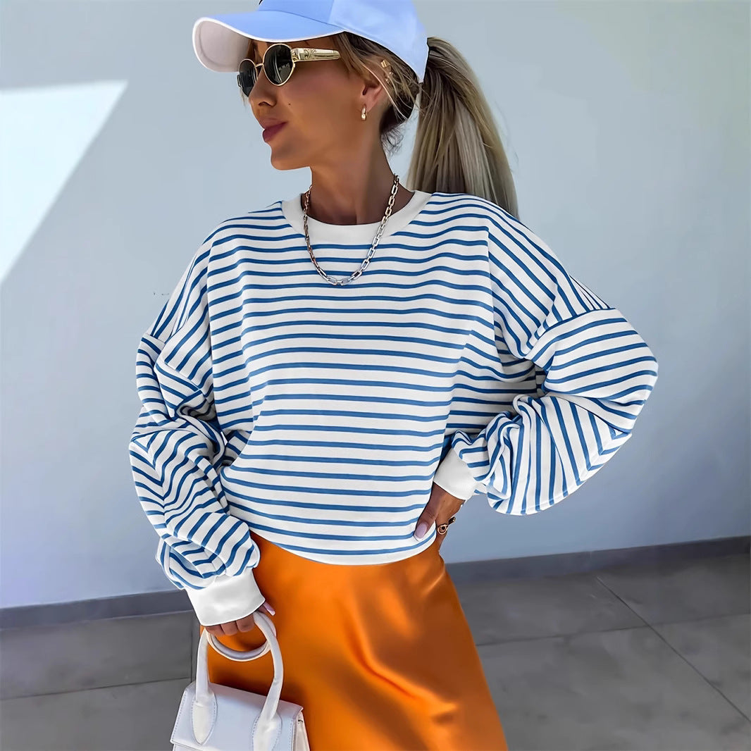 Full Size Striped Round Neck Long Sleeve Sweatshirt Plus Size-TOPS / DRESSES-[Adult]-[Female]-Blue-S-2022 Online Blue Zone Planet