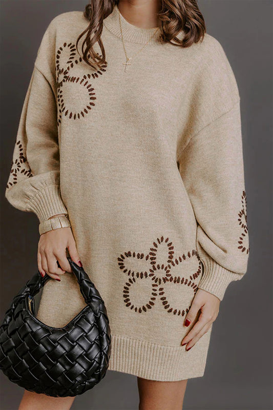 Parchment Floral Pattern Round Neck Puff Sleeve Shift Sweater Dress-Sweaters & Cardigans/Sweater Dresses-[Adult]-[Female]-Parchment-S-2022 Online Blue Zone Planet