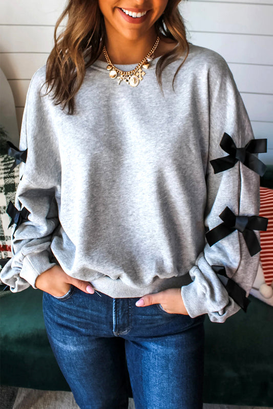 Light Grey Contrast Bow Applique Drop Sleeve Round Neck Sweatshirt-Tops/Sweatshirts & Hoodies-[Adult]-[Female]-Light Grey-S-2022 Online Blue Zone Planet