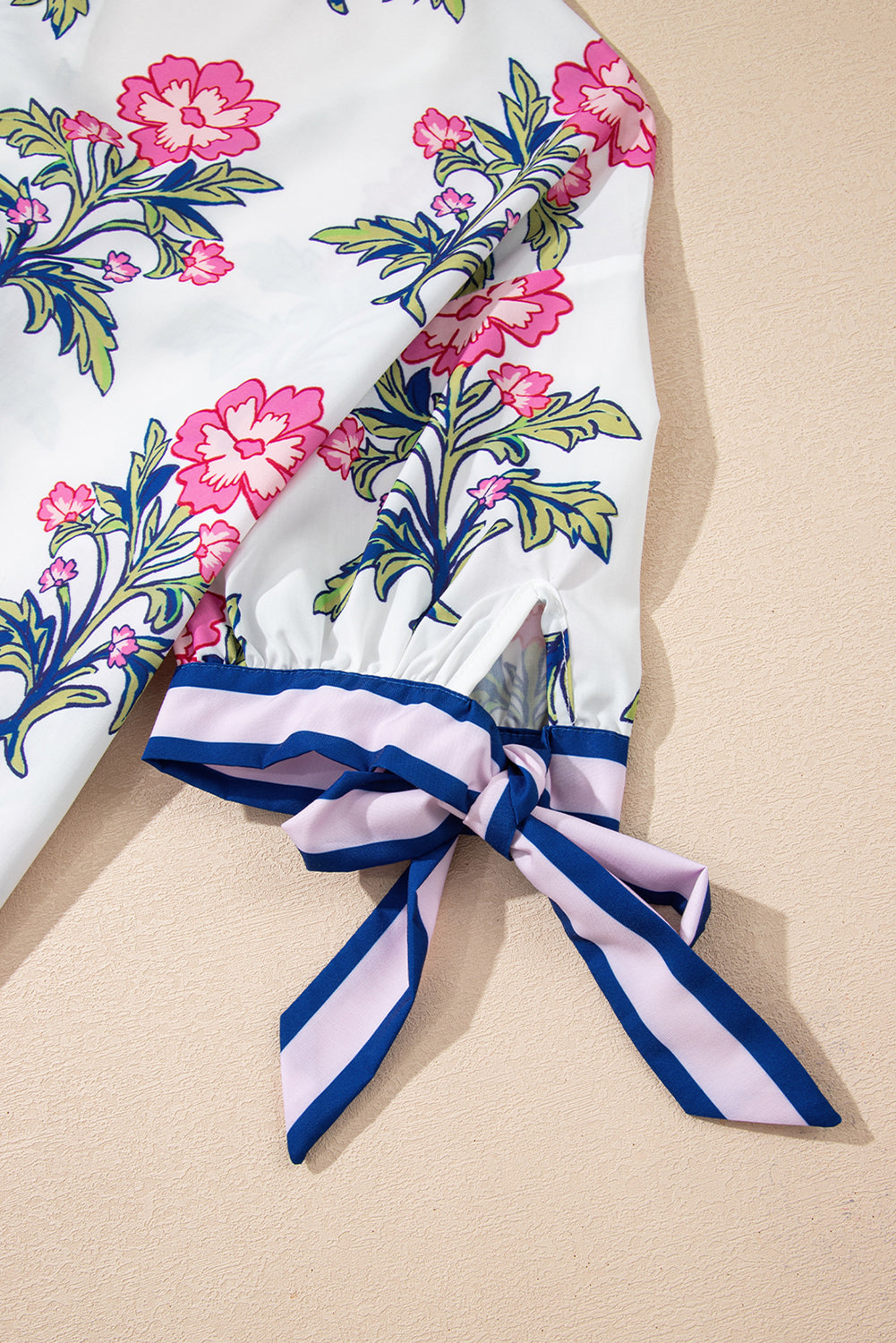 White Floral Colorblock Stripe Knot Bubble Sleeve V Neck Blouse-Tops/Blouses & Shirts-[Adult]-[Female]-2022 Online Blue Zone Planet