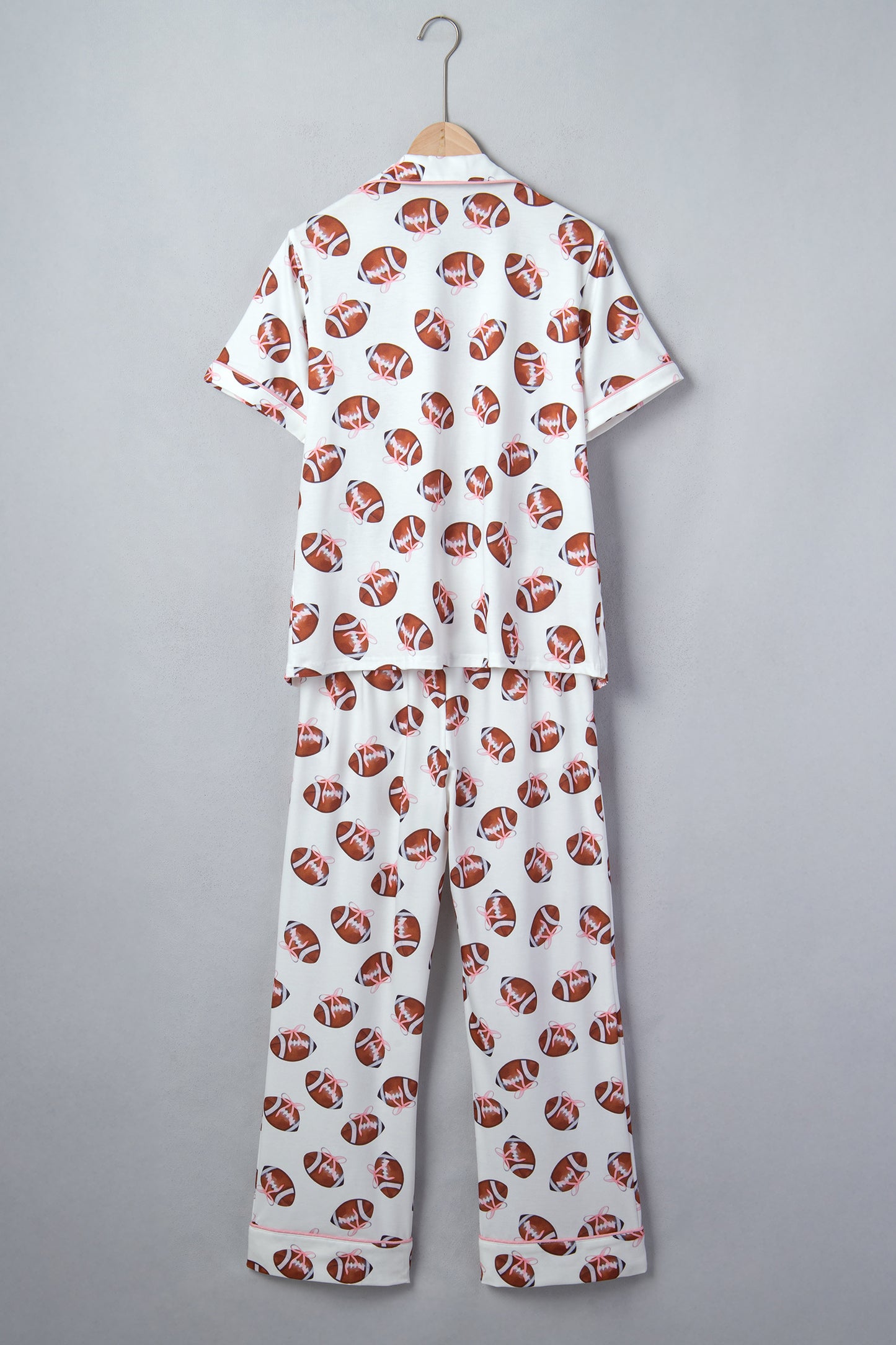 White Rugby Print Short Sleeve Button Down Top Loose Pants Game Day Pajama Set-Loungewear & Sleepwear/Sleepwear-[Adult]-[Female]-2022 Online Blue Zone Planet