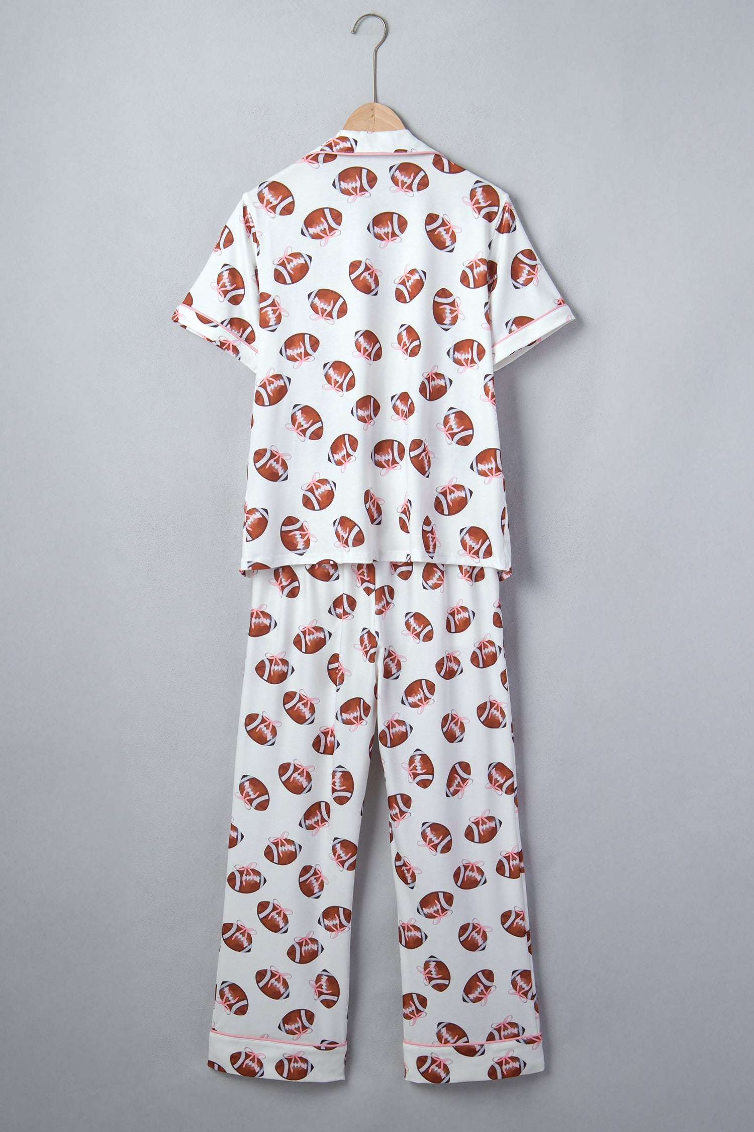White Rugby Print Short Sleeve Button Down Top Loose Pants Game Day Pajama Set-Loungewear & Sleepwear/Sleepwear-[Adult]-[Female]-2022 Online Blue Zone Planet
