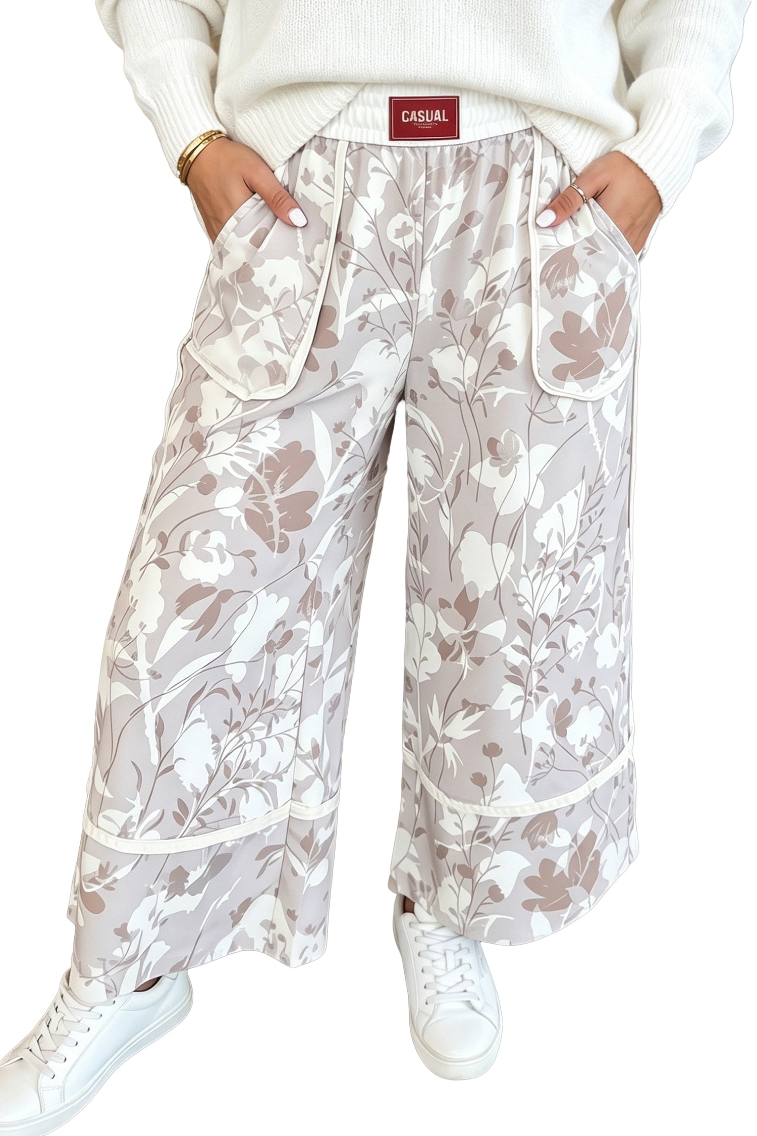 Gray Floral Camo Print Contrast Trim Plus Size Loose Pants-Bottoms/Pants & Culotte-[Adult]-[Female]-2022 Online Blue Zone Planet