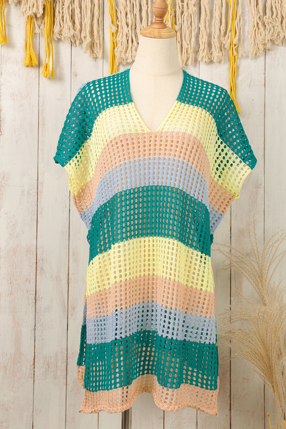 Yellow Striped Hollow Out Knit V Neck Tunic Cover Up-Swimwear/Beach Cover-ups-[Adult]-[Female]-Skobeloff-ONE SIZE-2022 Online Blue Zone Planet