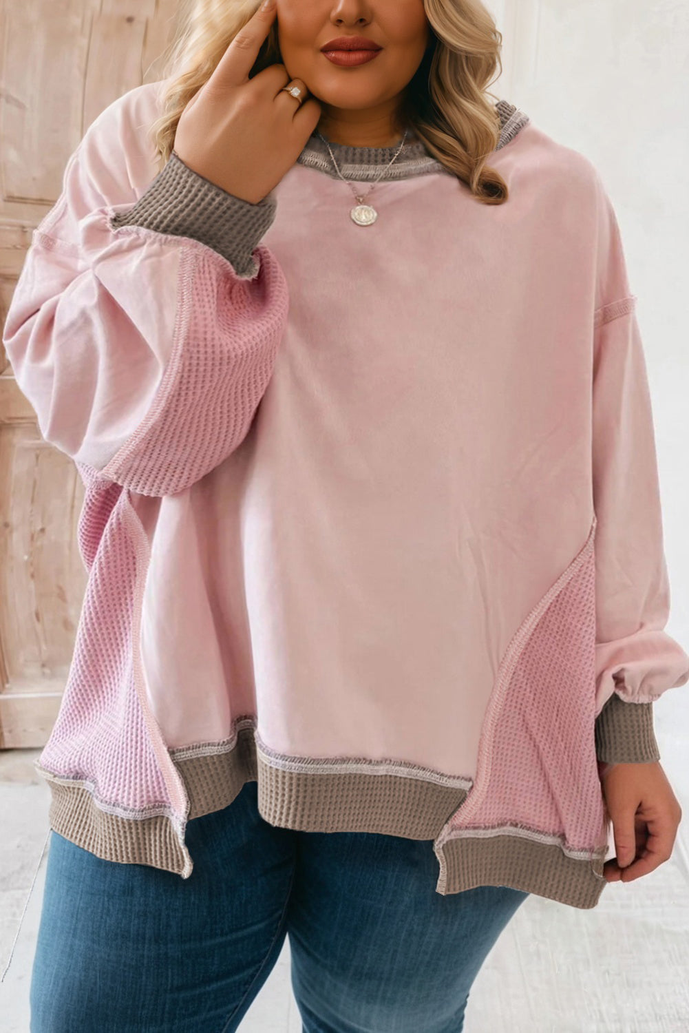 Light Pink Plus Color Block Waffle Patchwork Exposed Seam Baggy Sweatshirt-Plus Size/Plus Size Sweatshirts & Hoodies-[Adult]-[Female]-Light Pink-1X-2022 Online Blue Zone Planet