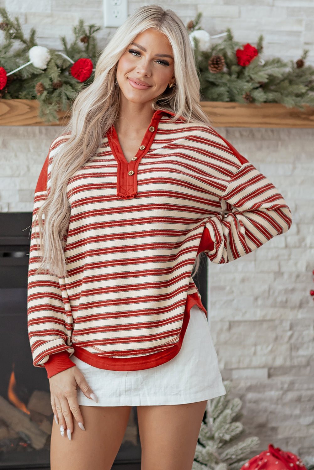 Blue Zone Planet | Pink Stripe Buttoned V Neck Collared Drop Shoulder Top-Tops/Long Sleeve Tops-[Adult]-[Female]-2022 Online Blue Zone Planet