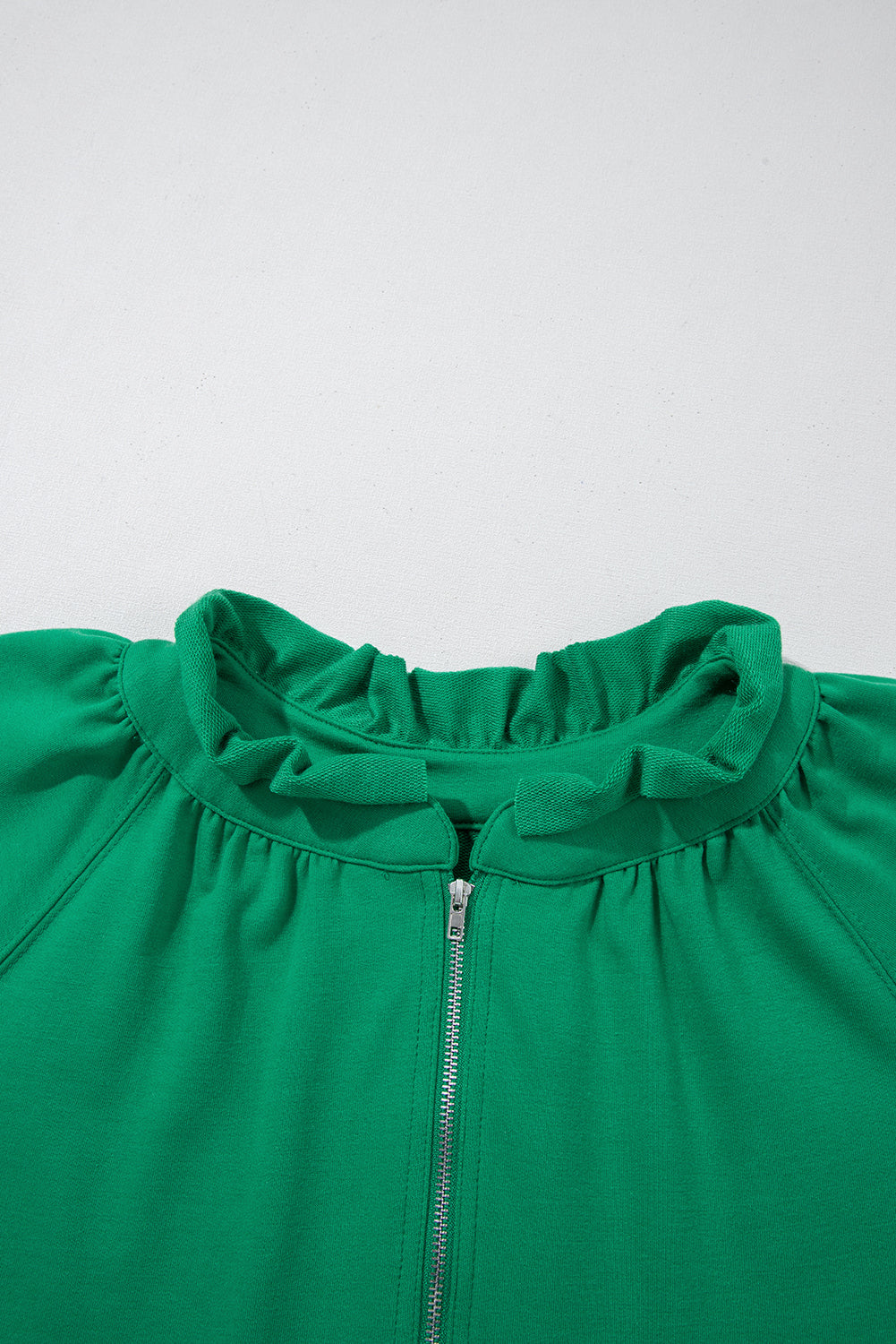 Sea Green Half Zip Puff Sleeve Top and Ruffled Shorts Set-Two Piece Sets/Short Sets-[Adult]-[Female]-2022 Online Blue Zone Planet