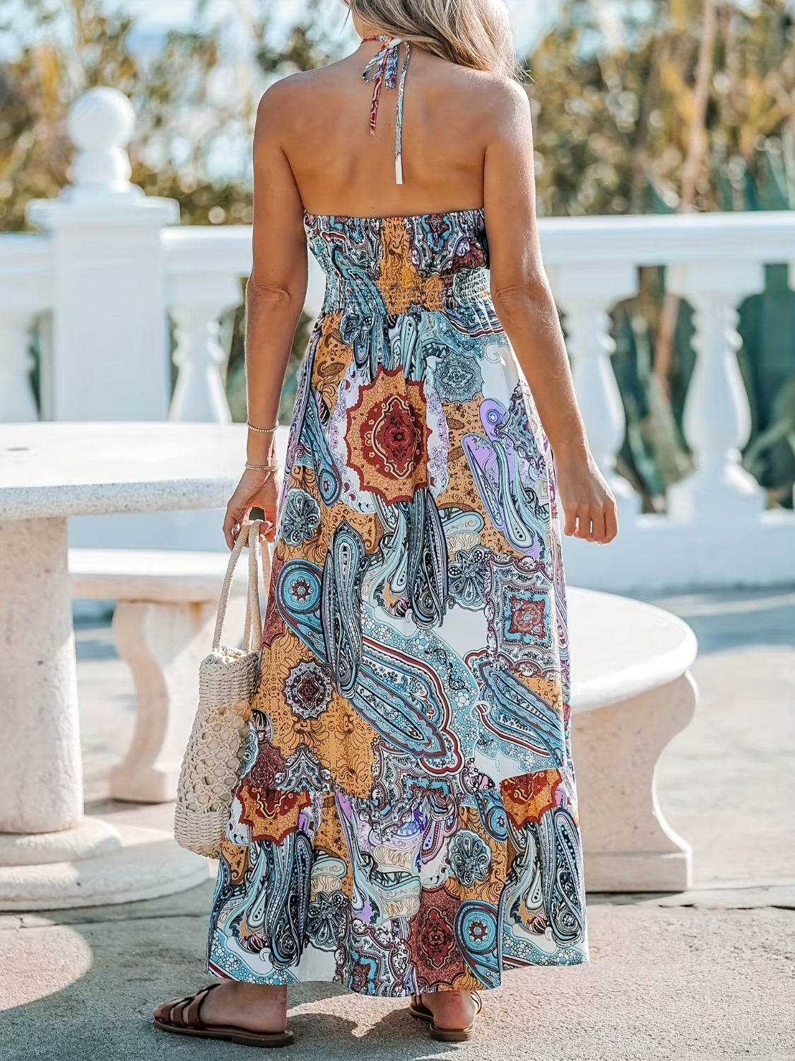 Blue Zone Planet | Printed Halter Neck Maxi Dress-TOPS / DRESSES-[Adult]-[Female]-2022 Online Blue Zone Planet