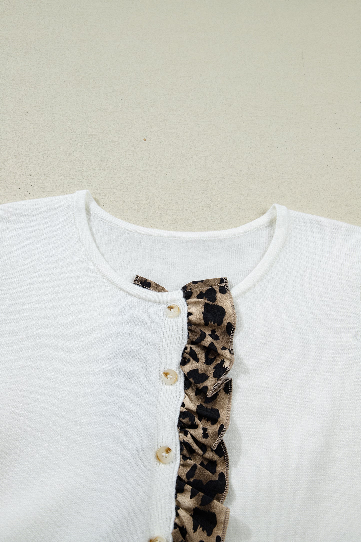 White Knitted Leopard Ruffle Patchwork Button Down Cropped Cardigan-Sweaters & Cardigans/Cardigans-[Adult]-[Female]-2022 Online Blue Zone Planet
