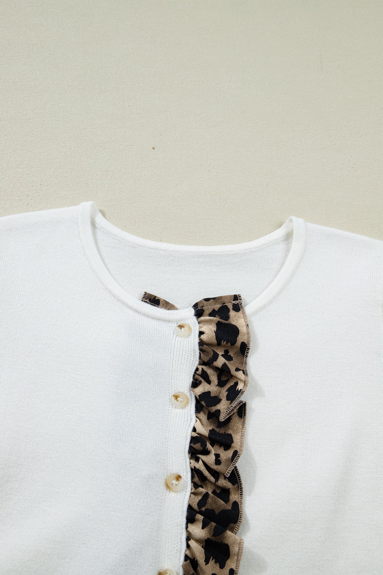 White Knitted Leopard Ruffle Patchwork Button Down Cropped Cardigan-Sweaters & Cardigans/Cardigans-[Adult]-[Female]-2022 Online Blue Zone Planet
