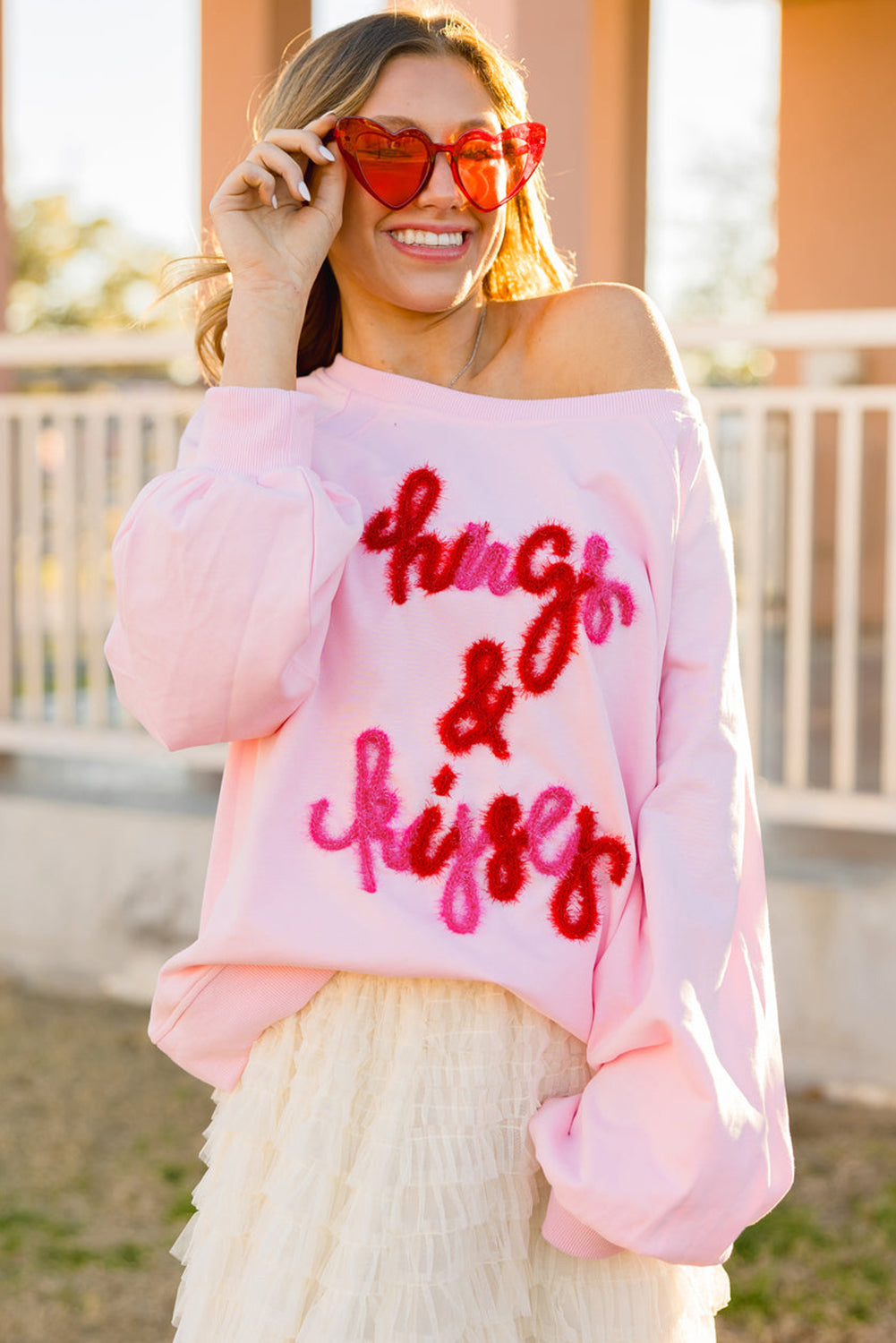 Pink Hugs and Kisses Pop Up Embroidered Raglan Sleeve Sweatshirt-TOPS / DRESSES-[Adult]-[Female]-2022 Online Blue Zone Planet