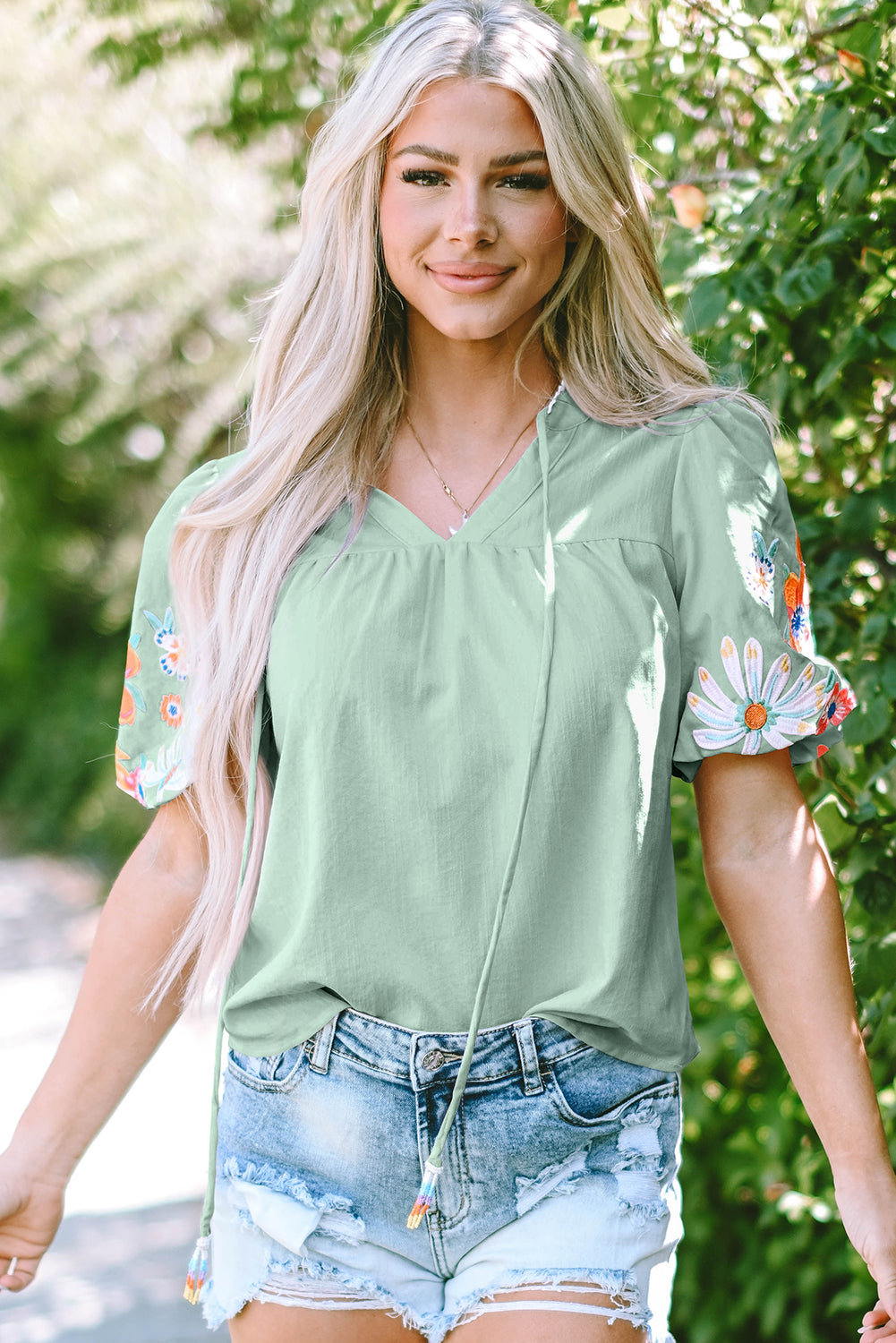 Clearly Aqua Floral Embroidered Puff Sleeve Split Neck Blouse-Tops/Blouses & Shirts-[Adult]-[Female]-2022 Online Blue Zone Planet