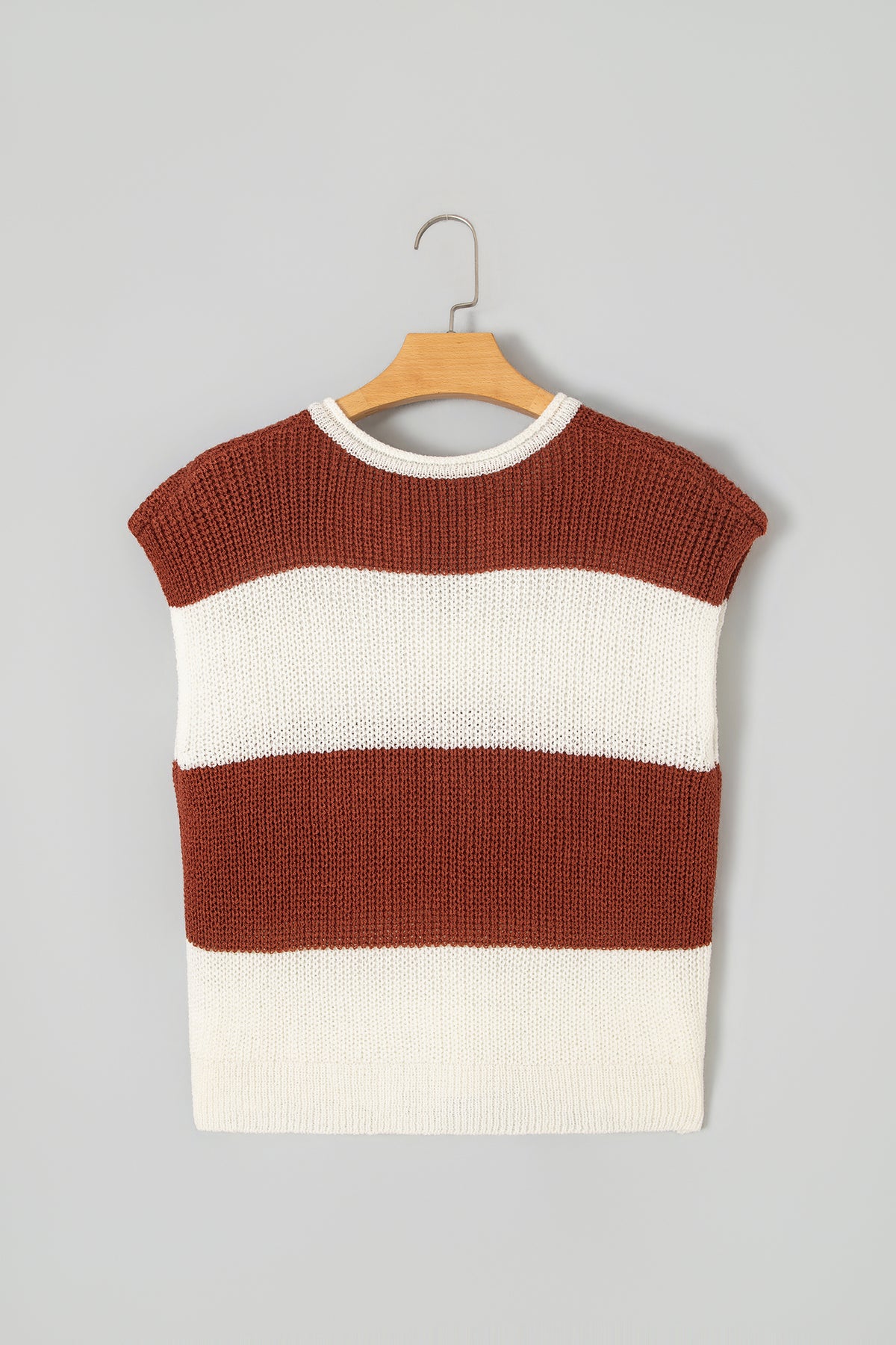 Brown Stripe Striped Colorblock Knit V Neck Short Sleeve Loose Sweater-Sweaters & Cardigans/Short Sleeve Sweaters-[Adult]-[Female]-2022 Online Blue Zone Planet