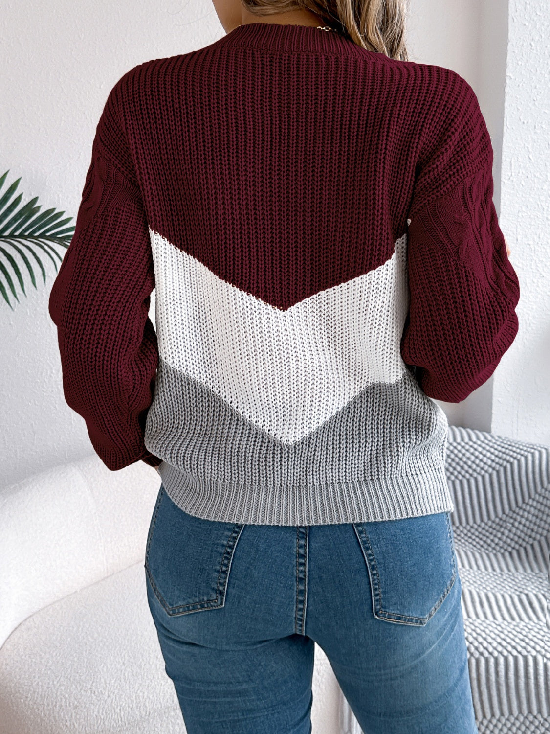 Blue Zone Planet | Cable-Knit Color Block Round Neck Sweater-TOPS / DRESSES-[Adult]-[Female]-2022 Online Blue Zone Planet