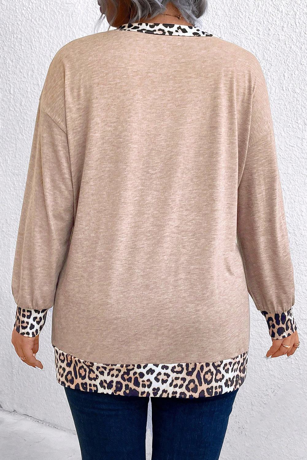 Parchment Leopard Patchwork V Neck Long Sleeve Plus Size Top-Plus Size/Plus Size Tops/Plus Size Long Sleeve Tops-[Adult]-[Female]-2022 Online Blue Zone Planet