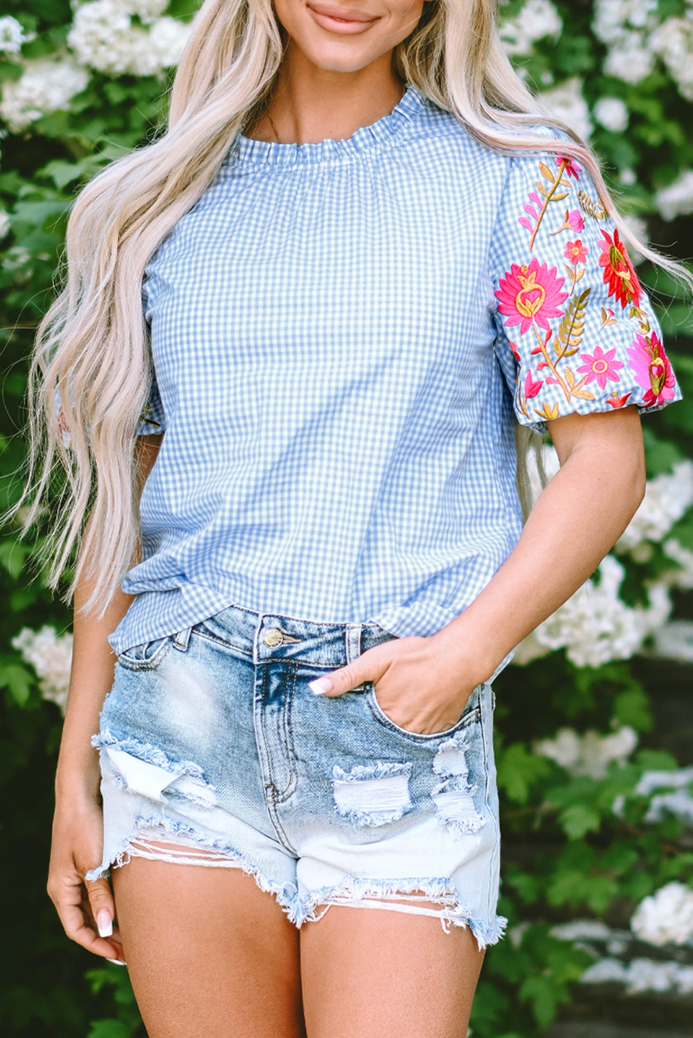 Light Blue Gingham Floral Embroidered Puff Sleeve Blouse-Tops/Blouses & Shirts-[Adult]-[Female]-2022 Online Blue Zone Planet