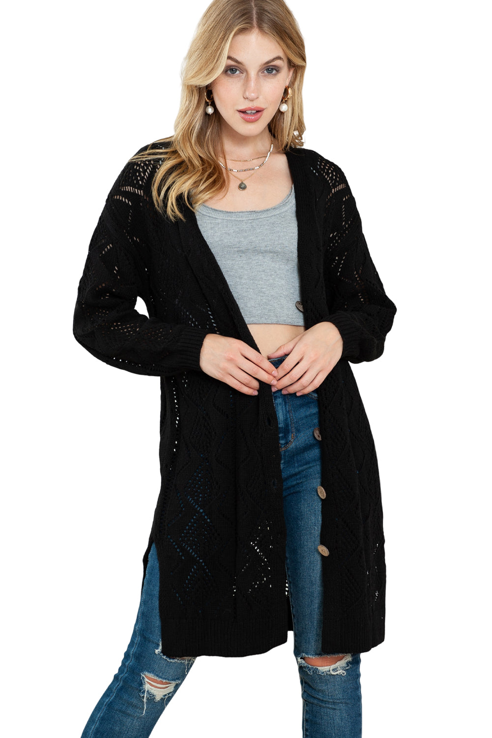 Black Button Up Hollow Out Loose Long Cardigan-Cardigans-[Adult]-[Female]-2022 Online Blue Zone Planet