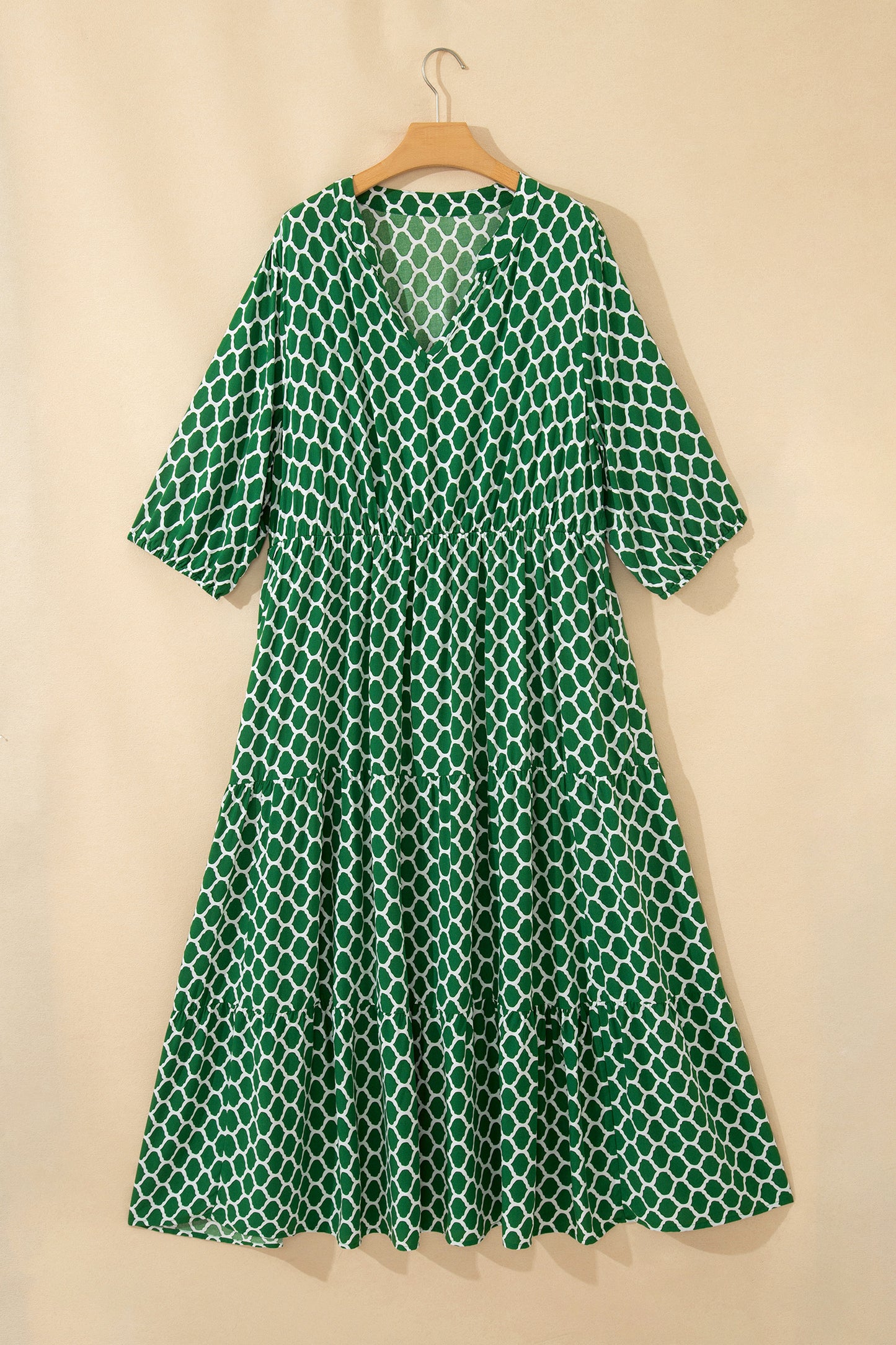 Green Plus Size Geometric Print Pocketed Ruffle Hem Casual Dress-TOPS / DRESSES-[Adult]-[Female]-2022 Online Blue Zone Planet
