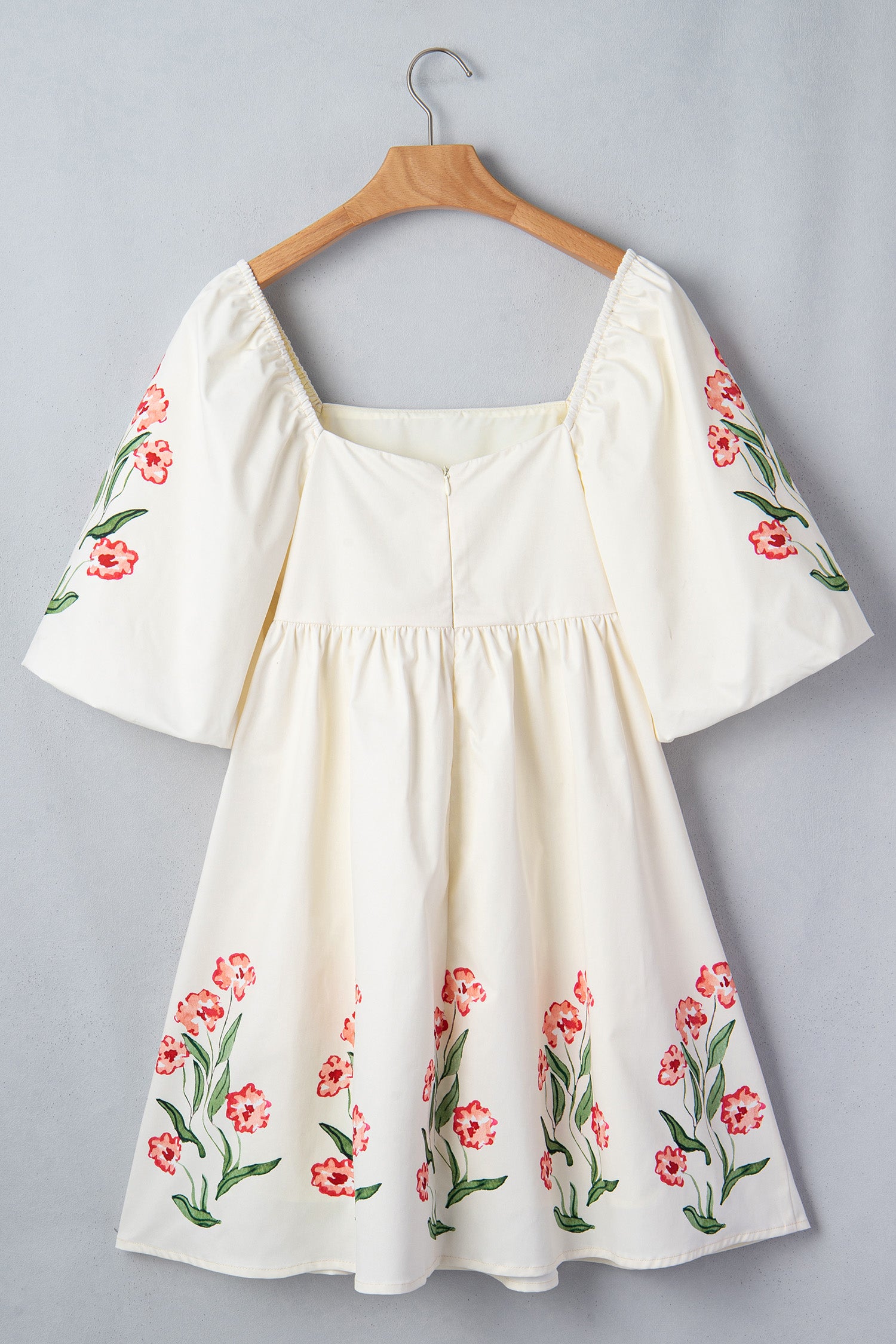 Beige Floral Print Puff Sleeve Babydoll Dress-TOPS / DRESSES-[Adult]-[Female]-2022 Online Blue Zone Planet