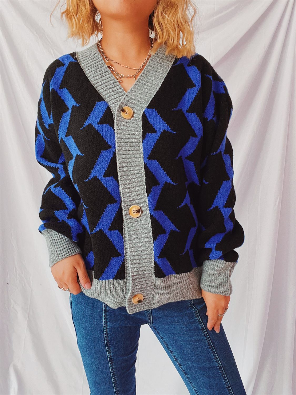 Contrast Trim Geometric V-Neck Long Sleeve Cardigan-TOPS / DRESSES-[Adult]-[Female]-Royal Blue-One Size-2022 Online Blue Zone Planet