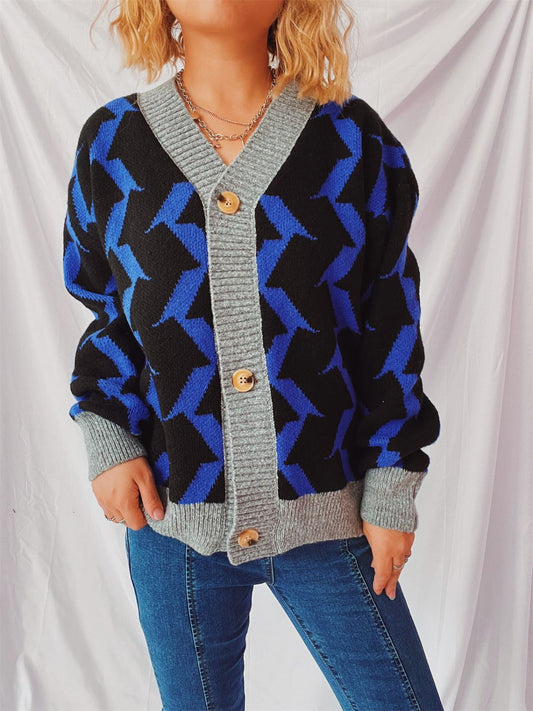 Contrast Trim Geometric V-Neck Long Sleeve Cardigan-TOPS / DRESSES-[Adult]-[Female]-Royal Blue-One Size-2022 Online Blue Zone Planet