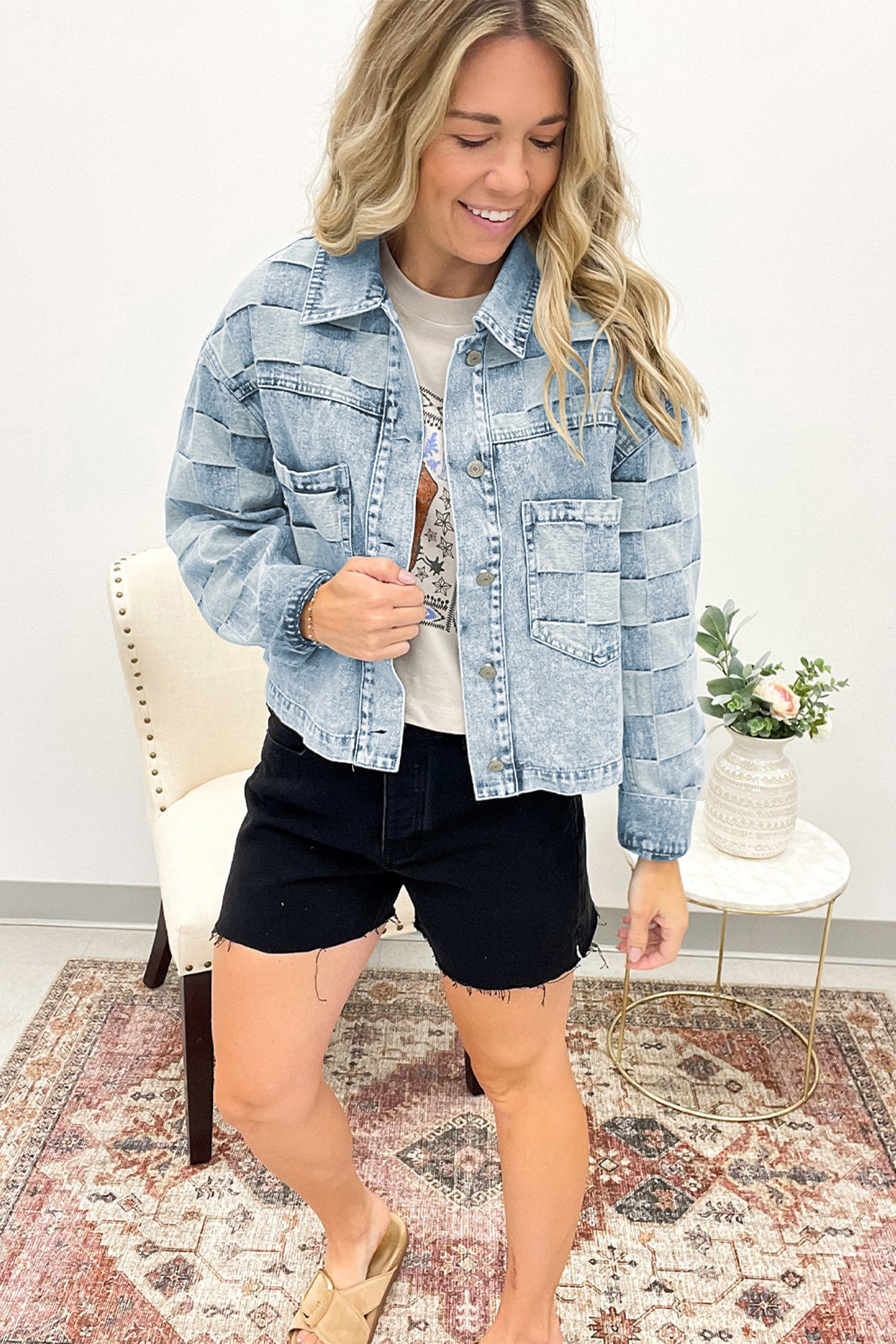 Beau Blue Denim Checkered Pattern Patchwork Womens Casual Jacket-Outerwear/Denim jackets-[Adult]-[Female]-2022 Online Blue Zone Planet