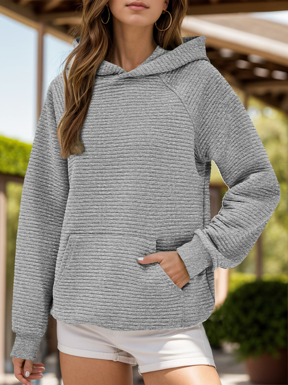 Kangaroo Pocket Long Sleeve Hoodie-TOPS / DRESSES-[Adult]-[Female]-Gray-S-2022 Online Blue Zone Planet