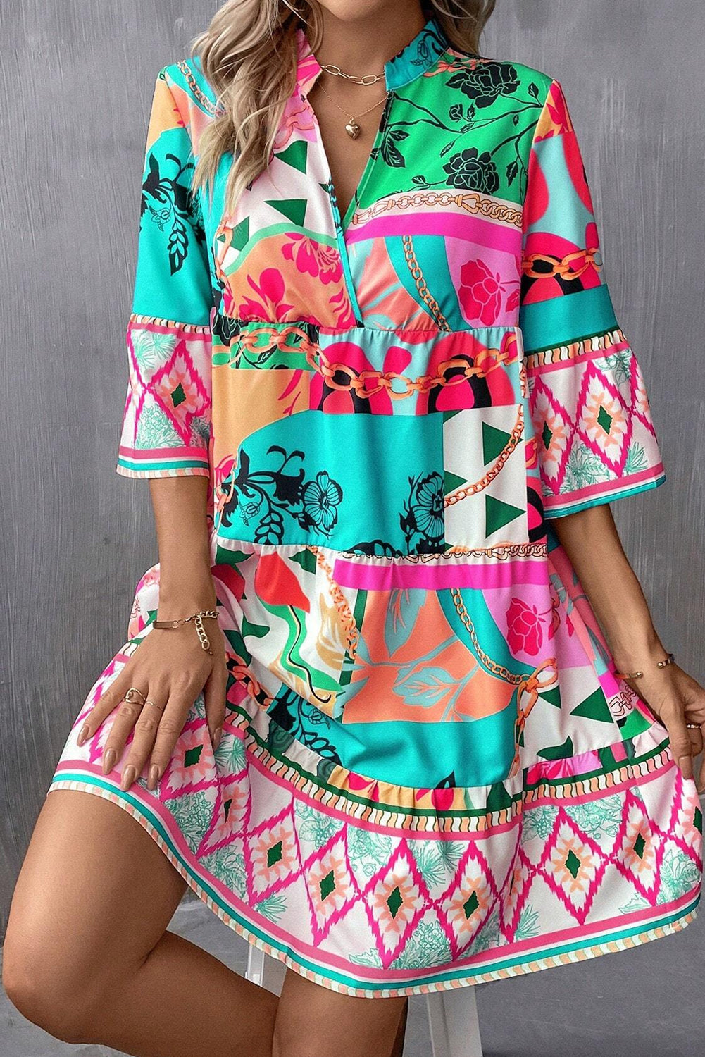 Blue Zone Planet | Multicolour Abstract Printed Half Sleeve Notched Neck Mini Dress-TOPS / DRESSES-[Adult]-[Female]-2022 Online Blue Zone Planet