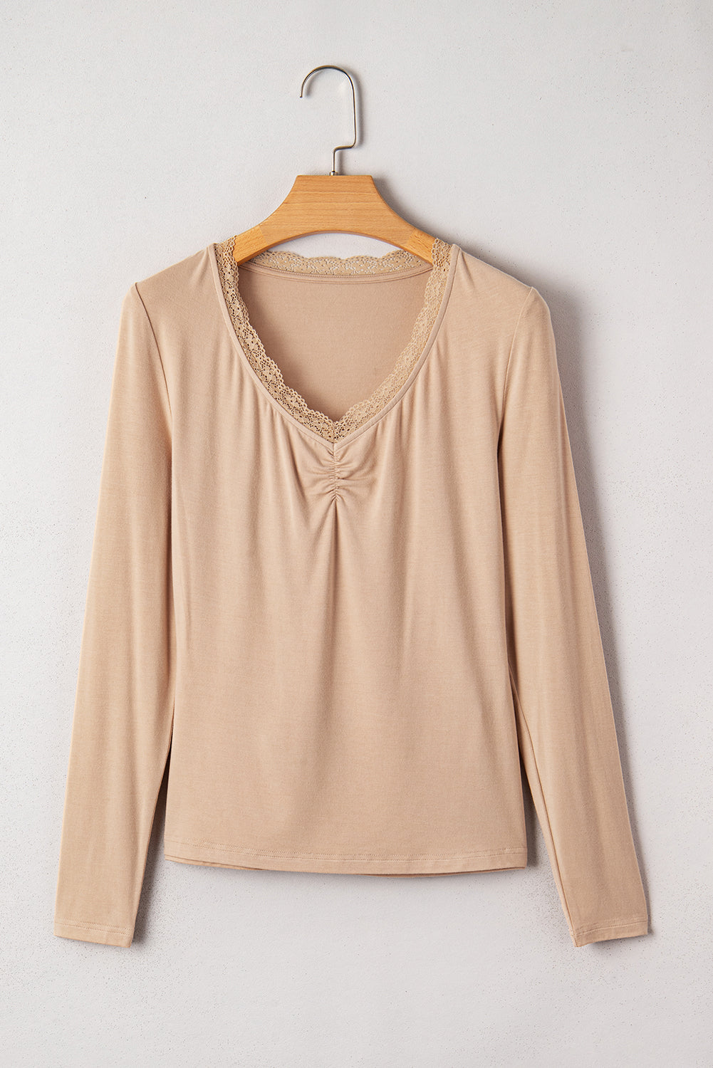 Smoke Gray Lace-trimmed Sweetheart Neckline Ruched Detail Long Sleeve T-shirt-Tops/Long Sleeve Tops-[Adult]-[Female]-2022 Online Blue Zone Planet